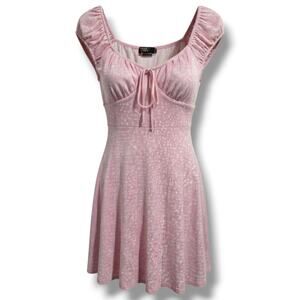 Women’s Pink Ribbed Short Sleeve Mini Dress with Front Tie – Size L